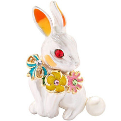 Broche Fantaisie dorée Lapin en relief Strass et Fleurs