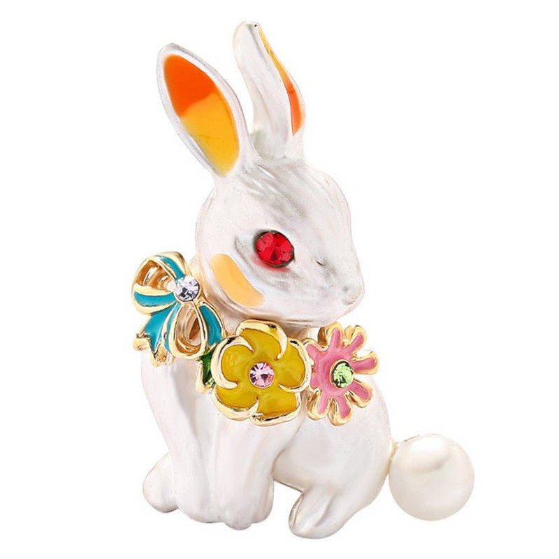 Goldfarbene Fantasie-Brosche Kaninchen mit Strass und Blumenrelief