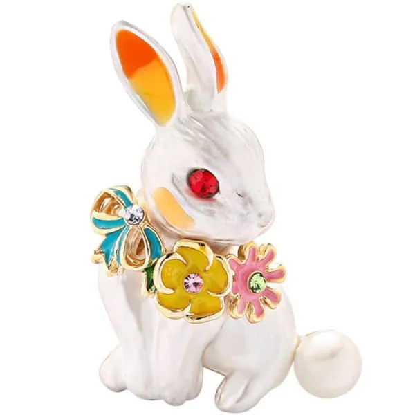 Gold Fantasy Brooch Rabbit with Rhinestones and Flowers