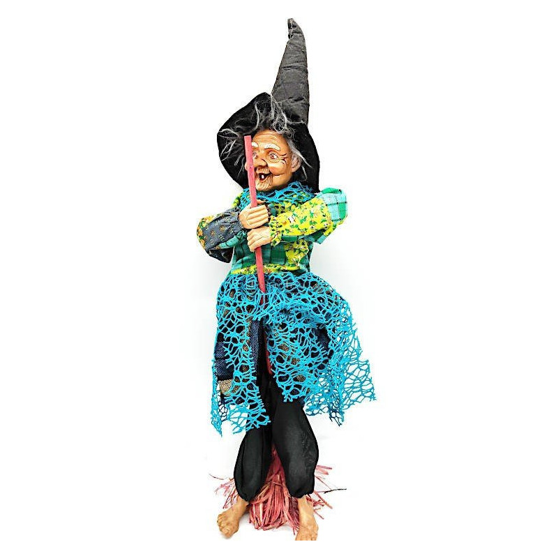 Big Alsatian Witch 55 cm to hang with Black Vest and Blue Fringes