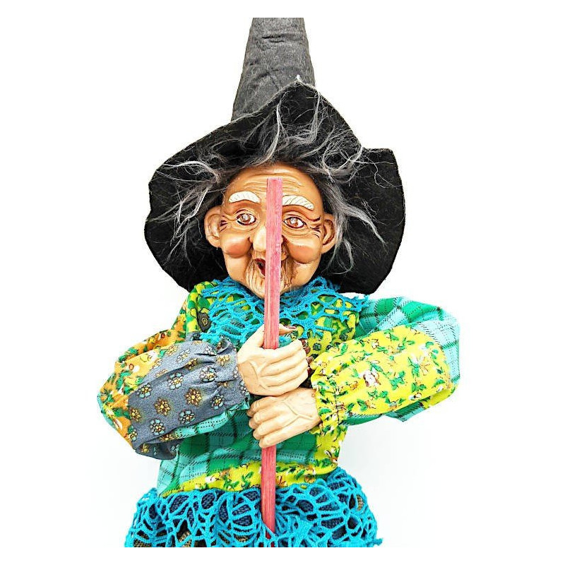 Big Alsatian Witch 55 cm to hang with Black Vest and Blue Fringes