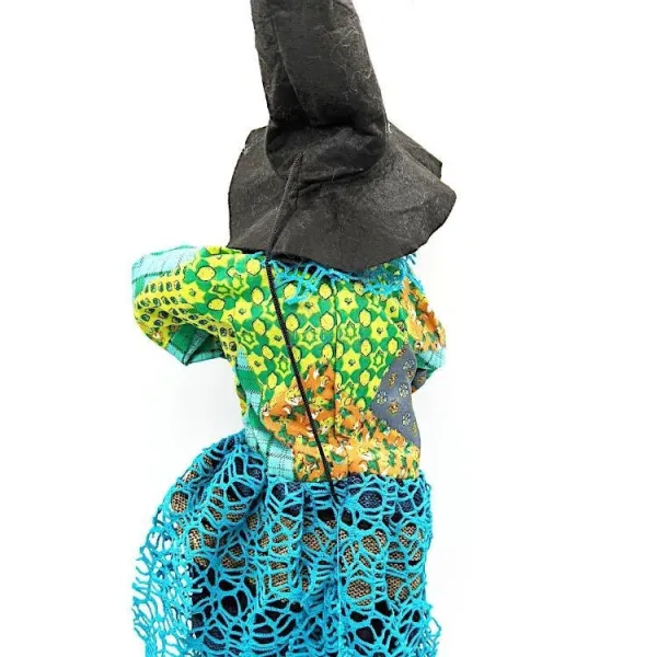 Big Alsatian Witch 55 cm to hang with Black Vest and Blue Fringes