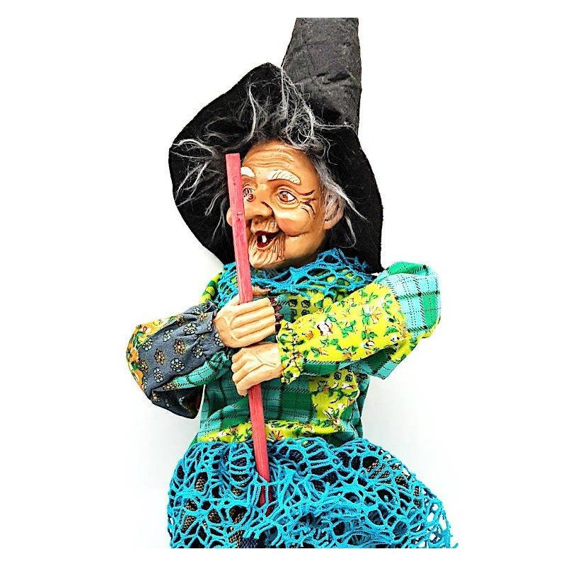 Big Alsatian Witch 55 cm to hang with Black Vest and Blue Fringes