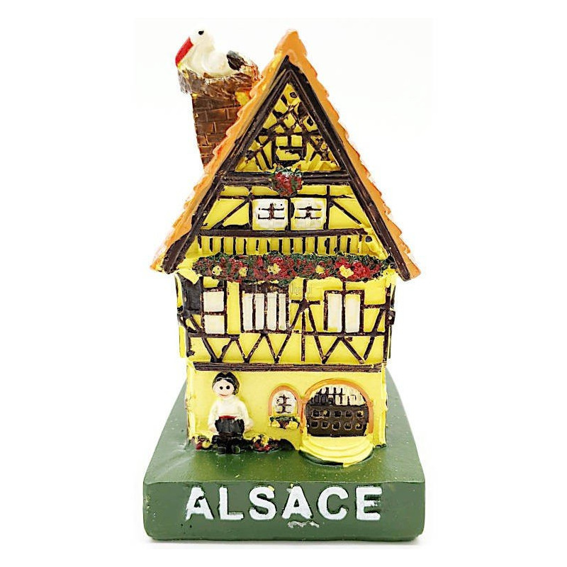 Grande Maison Alsacienne jaune avec Cigogne en Résine