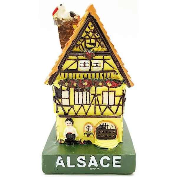 Grande Maison Alsacienne jaune avec Cigogne en Résine
