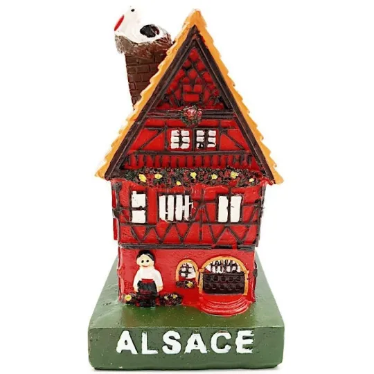 Groot Alsatisch Huis rood met Ooievaar in Kunsthars