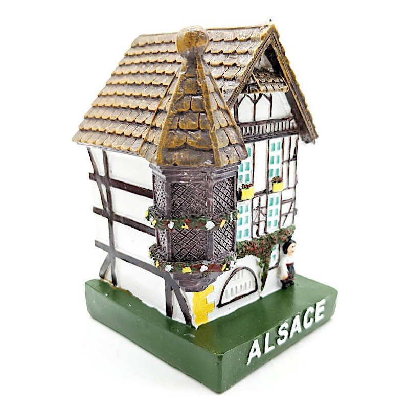 Grande Maison Alsacienne blanche avec Tourelle et Cigogne en Résine
