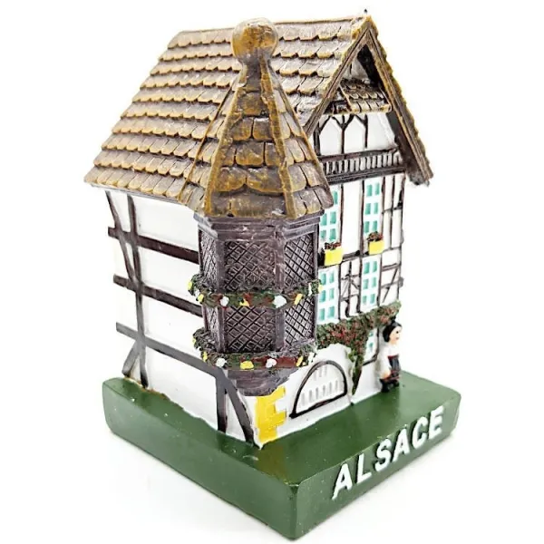 Grande Maison Alsacienne blanche avec Tourelle et Cigogne en Résine