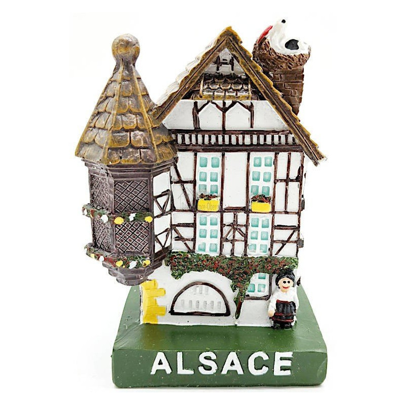 Grande Maison Alsacienne blanche avec Tourelle et Cigogne en Résine