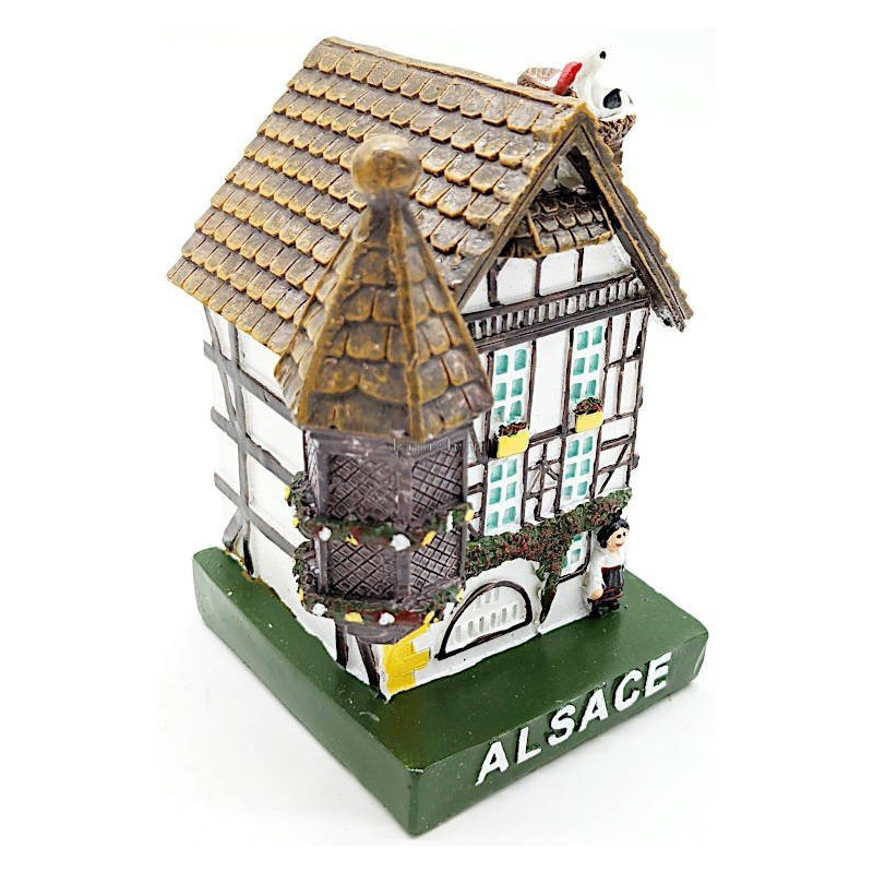 Grande Maison Alsacienne blanche avec Tourelle et Cigogne en Résine