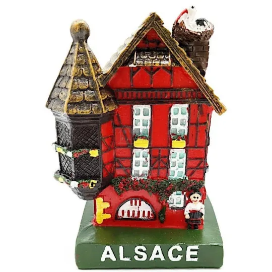 Groot Alsatisch Huis rood met Toren en Ooievaar in Kunsthars