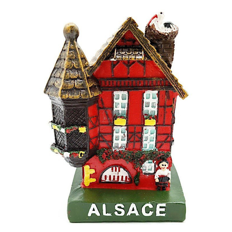 Großes elsässisches Haus in Rot mit Turm und Storch aus Kunstharz