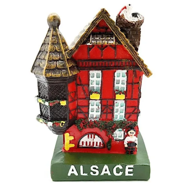 Großes elsässisches Haus in Rot mit Turm und Storch aus Kunstharz