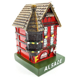 Großes elsässisches Haus in Rot mit Turm und Storch aus Kunstharz