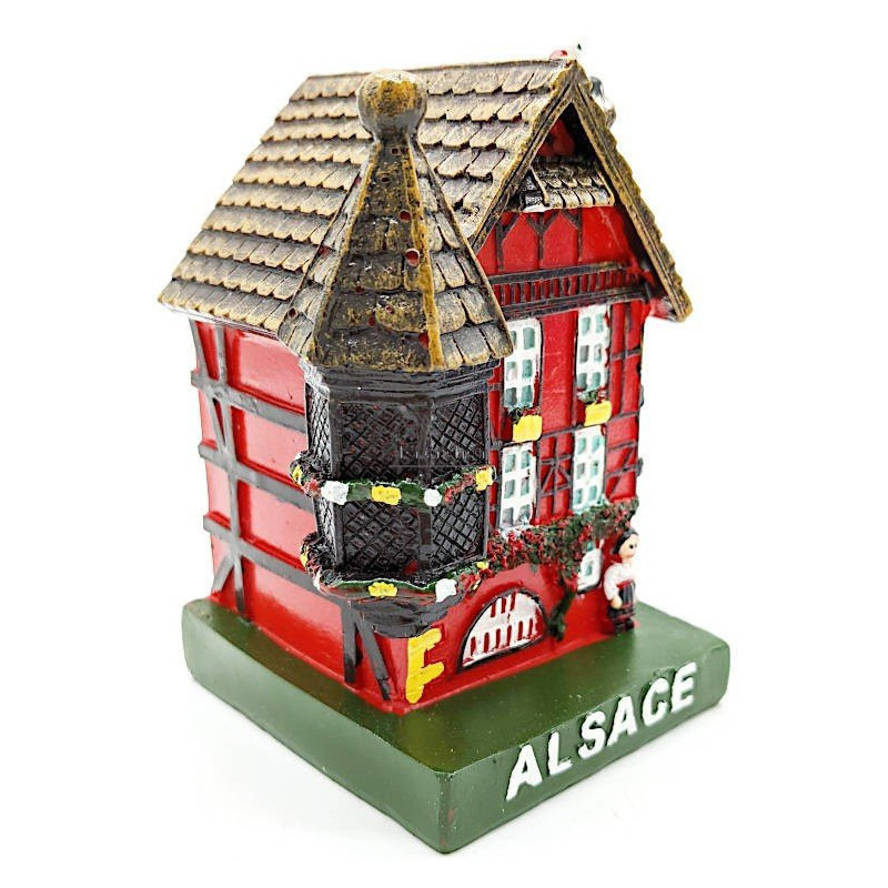 Großes elsässisches Haus in Rot mit Turm und Storch aus Kunstharz