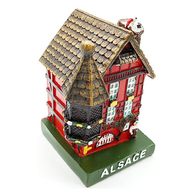 Großes elsässisches Haus in Rot mit Turm und Storch aus Kunstharz