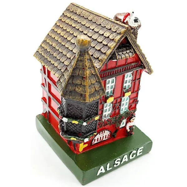 Großes elsässisches Haus in Rot mit Turm und Storch aus Kunstharz