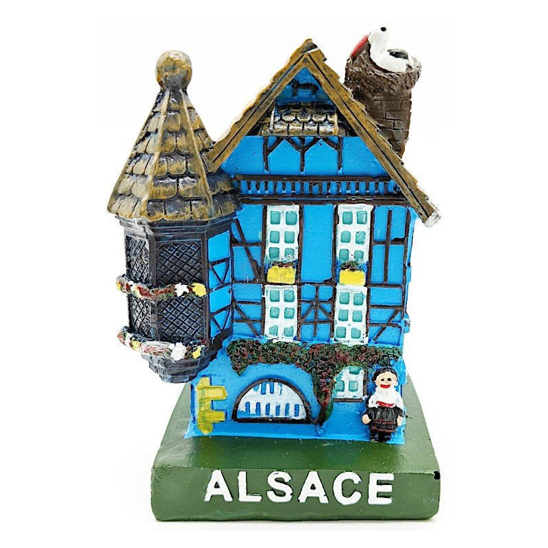 Large Blue Alsatian House with Turret and Stork in Resin