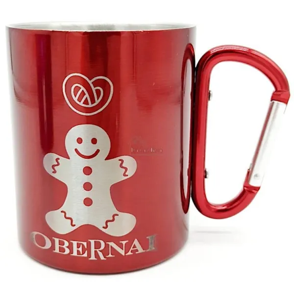 Red Stainless Steel Mug Bretzel Mannele with Carabiner Obernai