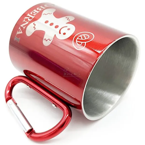 Red Stainless Steel Mug Bretzel Mannele with Carabiner Obernai