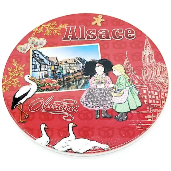 Round trivet decorated with Storks Alsace and Obernai