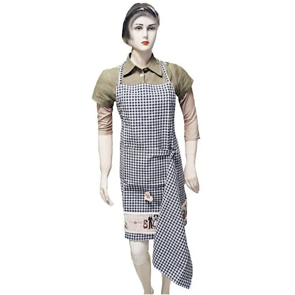 Tablier de Cuisine réglable Bleu grand Carré Vichy Hansi avec Torchon