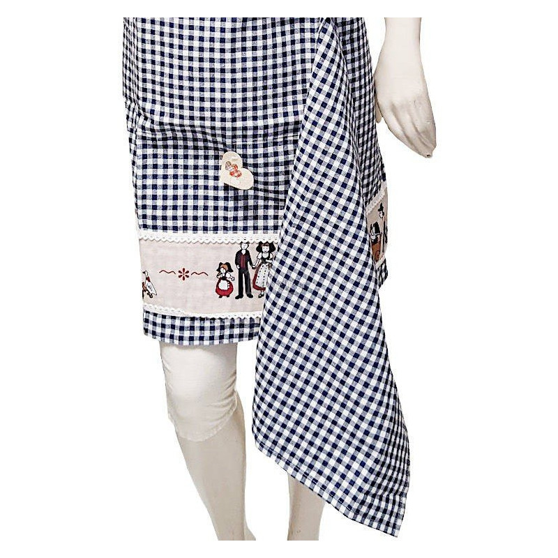 Tablier de Cuisine réglable Bleu grand Carré Vichy Hansi avec Torchon