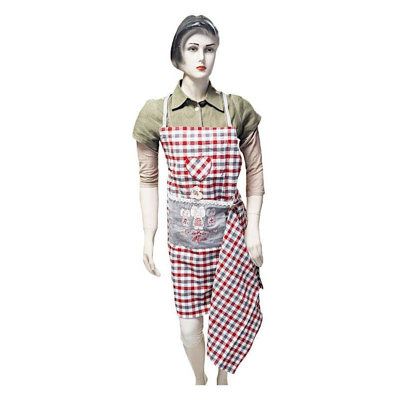 3 Alsatians Square Gingham Adjustable Kitchen Apron with Tea Towel