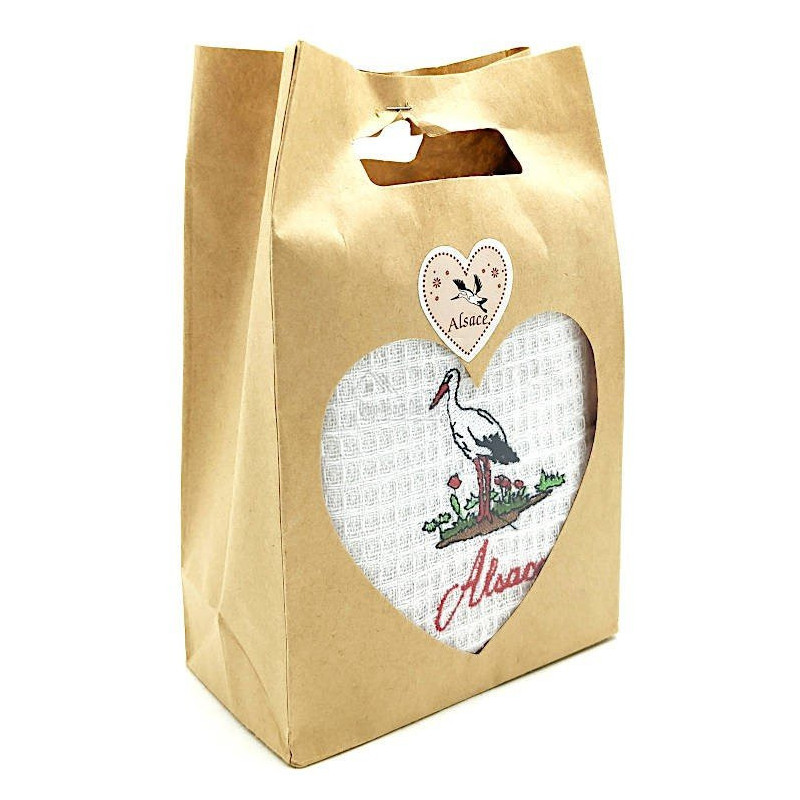 Torchon de Cuisine Blanc brodé Cigogne d'Alsace en Pochette à Offrir!