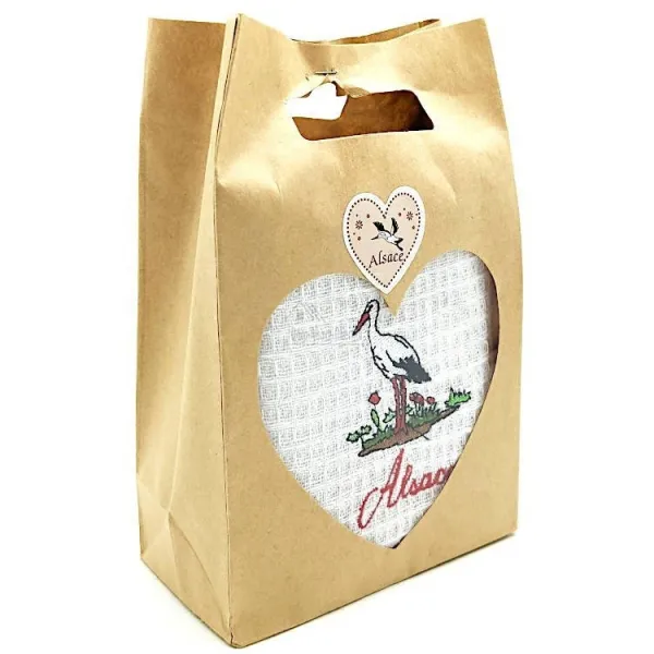 Torchon de Cuisine Blanc brodé Cigogne d'Alsace en Pochette à Offrir!