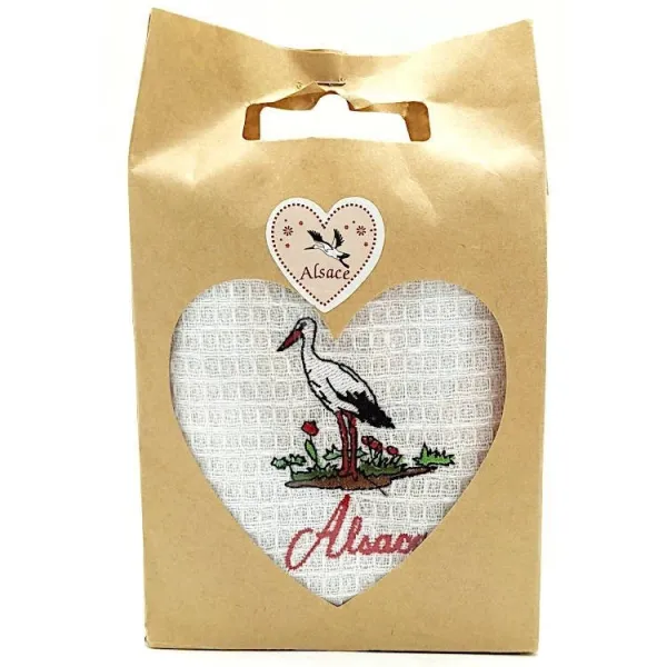 Torchon de Cuisine Blanc brodé Cigogne d'Alsace en Pochette à Offrir!