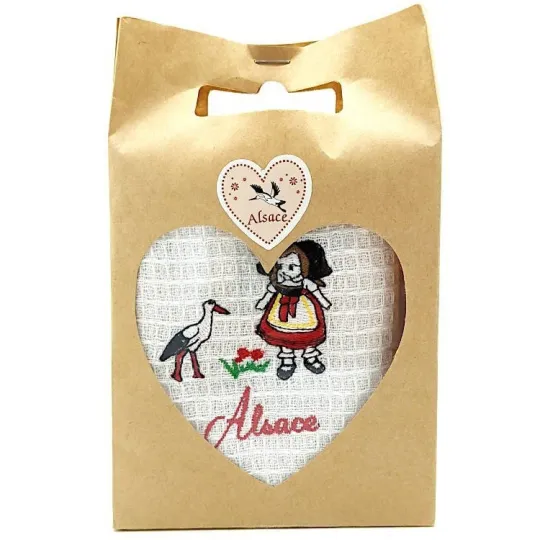 Torchon de Cuisine Blanc brodé Alsacienne et Cigogne en Pochette à Offrir