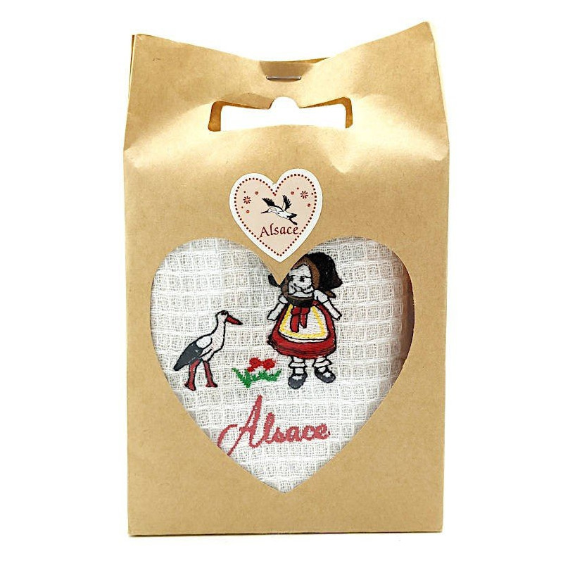 Torchon de Cuisine Blanc brodé Alsacienne et Cigogne en Pochette à Offrir