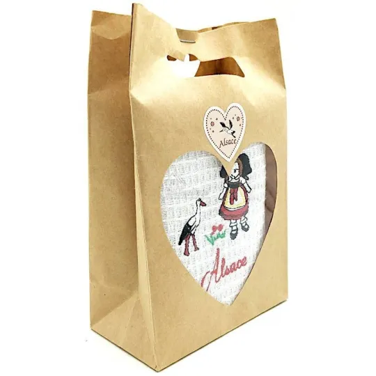 Torchon de Cuisine brodé Alsacienne et Cigogne en Pochette à Offrir