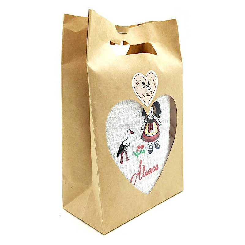 Torchon de Cuisine Blanc brodé Alsacienne et Cigogne en Pochette à Offrir