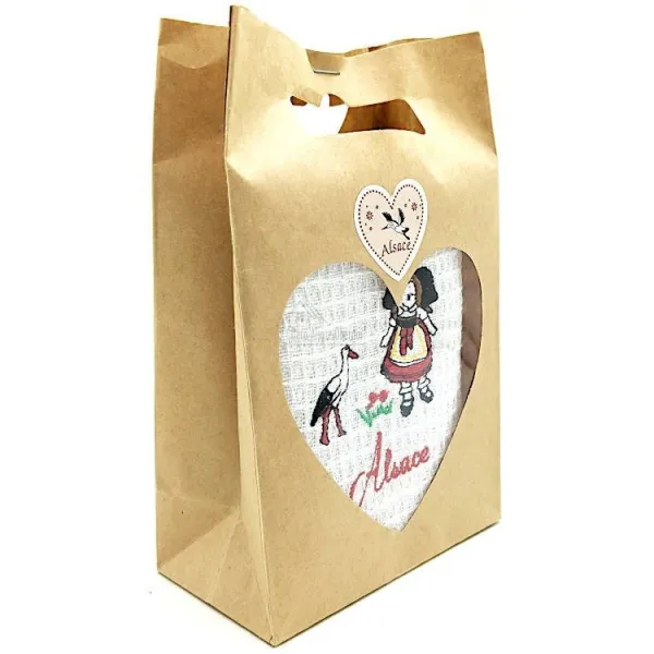 Weißes Küchentuch mit Elsässerin und Storch bestickt in einer Geschenktüte