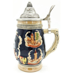 Chope à Bière bombée en Faience couvercle en étain et Villes d'Alsace 50 cl