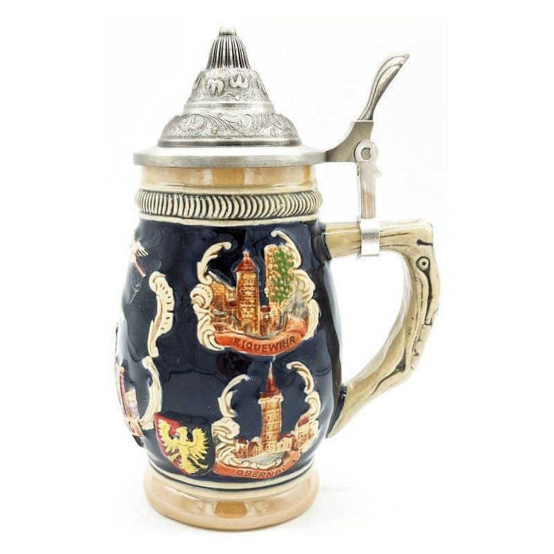Tiled Beer Mug with pewter lid and Alsatian Cities 50 cl