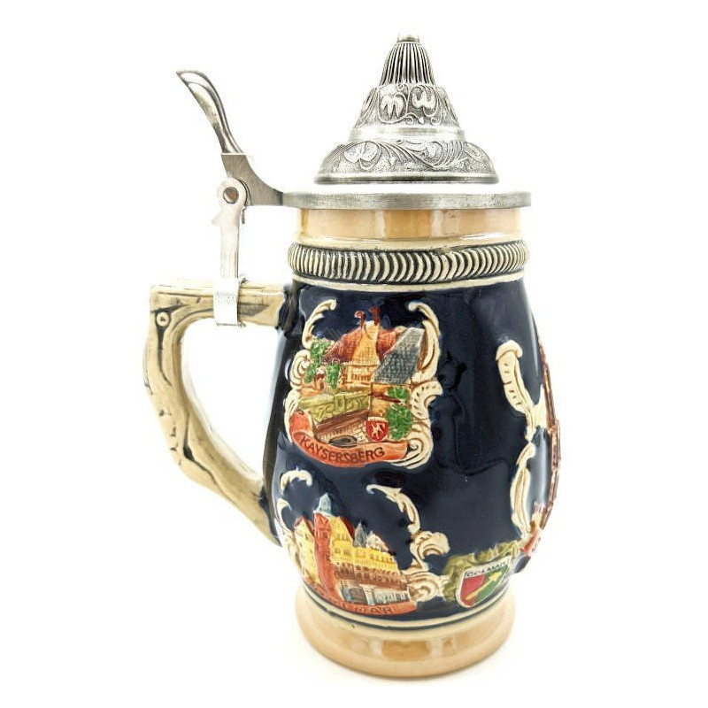 Tiled Beer Mug with pewter lid and Alsatian Cities 50 cl
