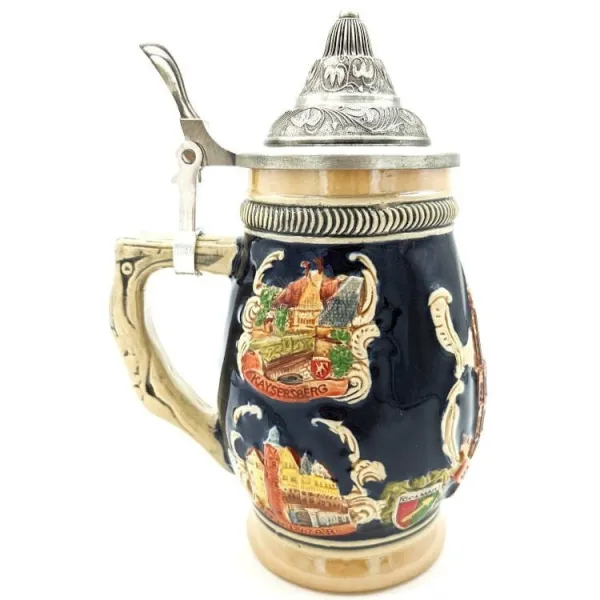 Chope à Bière bombée en Faience couvercle en étain et Villes d'Alsace 50 cl