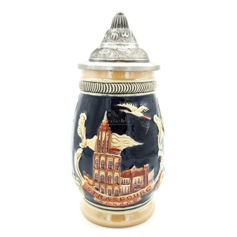 Tiled Beer Mug with pewter lid and Alsatian Cities 50 cl