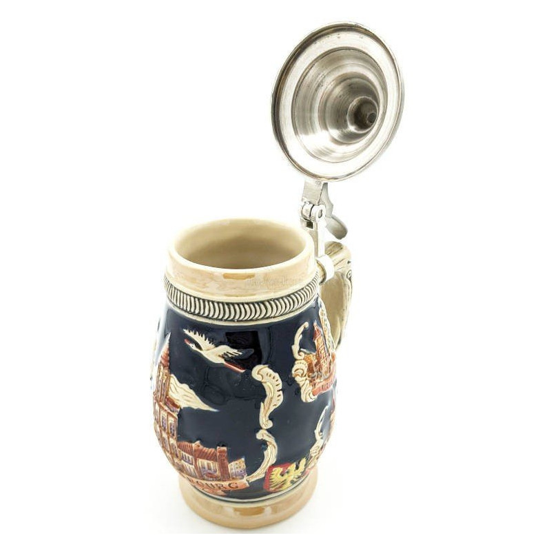 Tiled Beer Mug with pewter lid and Alsatian Cities 50 cl