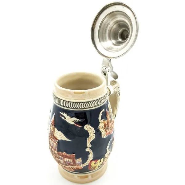 Chope à Bière bombée en Faience couvercle en étain et Villes d'Alsace 50 cl