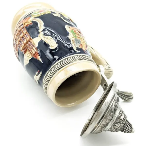 Chope à Bière bombée en Faience couvercle en étain et Villes d'Alsace 50 cl