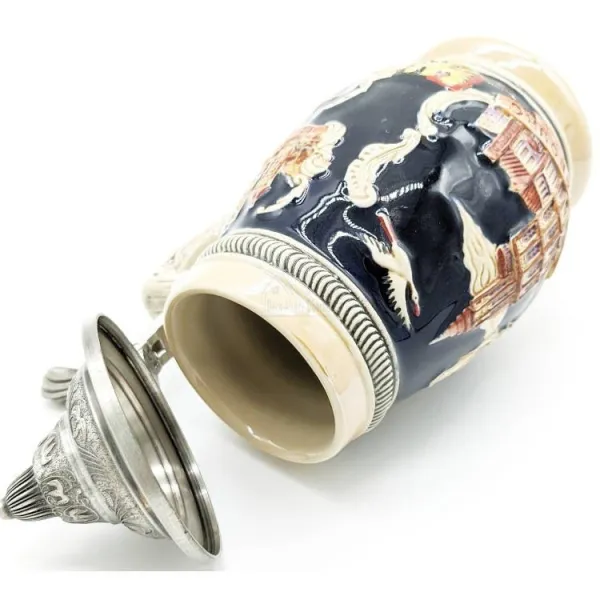 Chope à Bière bombée en Faience couvercle en étain et Villes d'Alsace 50 cl