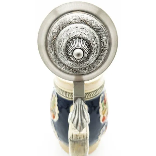 Chope à Bière bombée en Faience couvercle en étain et Villes d'Alsace 50 cl