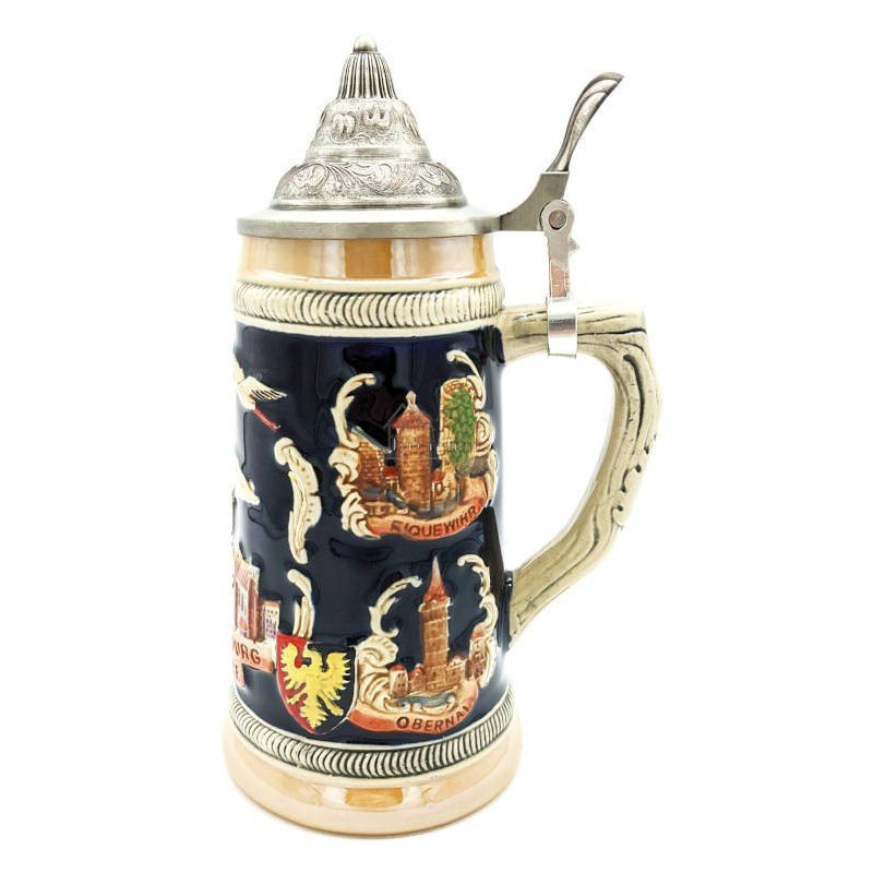 Gerader Bierkrug aus Steingut mit Zinndeckel und Elsässer Städten 50 cl