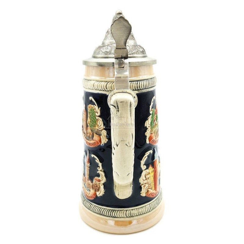 Gerader Bierkrug aus Steingut mit Zinndeckel und Elsässer Städten 50 cl