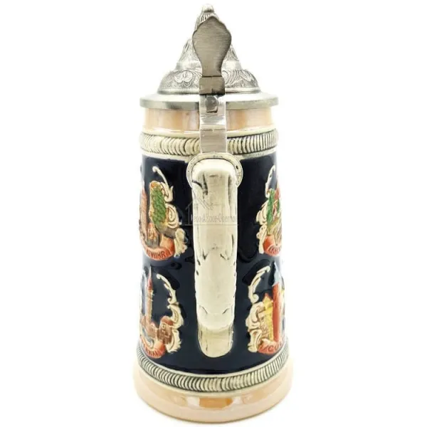 Straight Beer Mug in Earthenware with pewter lid and Alsatian Cities 50 cl