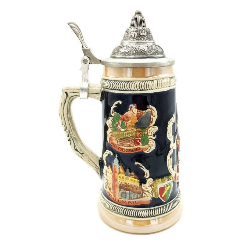 Gerader Bierkrug aus Steingut mit Zinndeckel und Elsässer Städten 50 cl